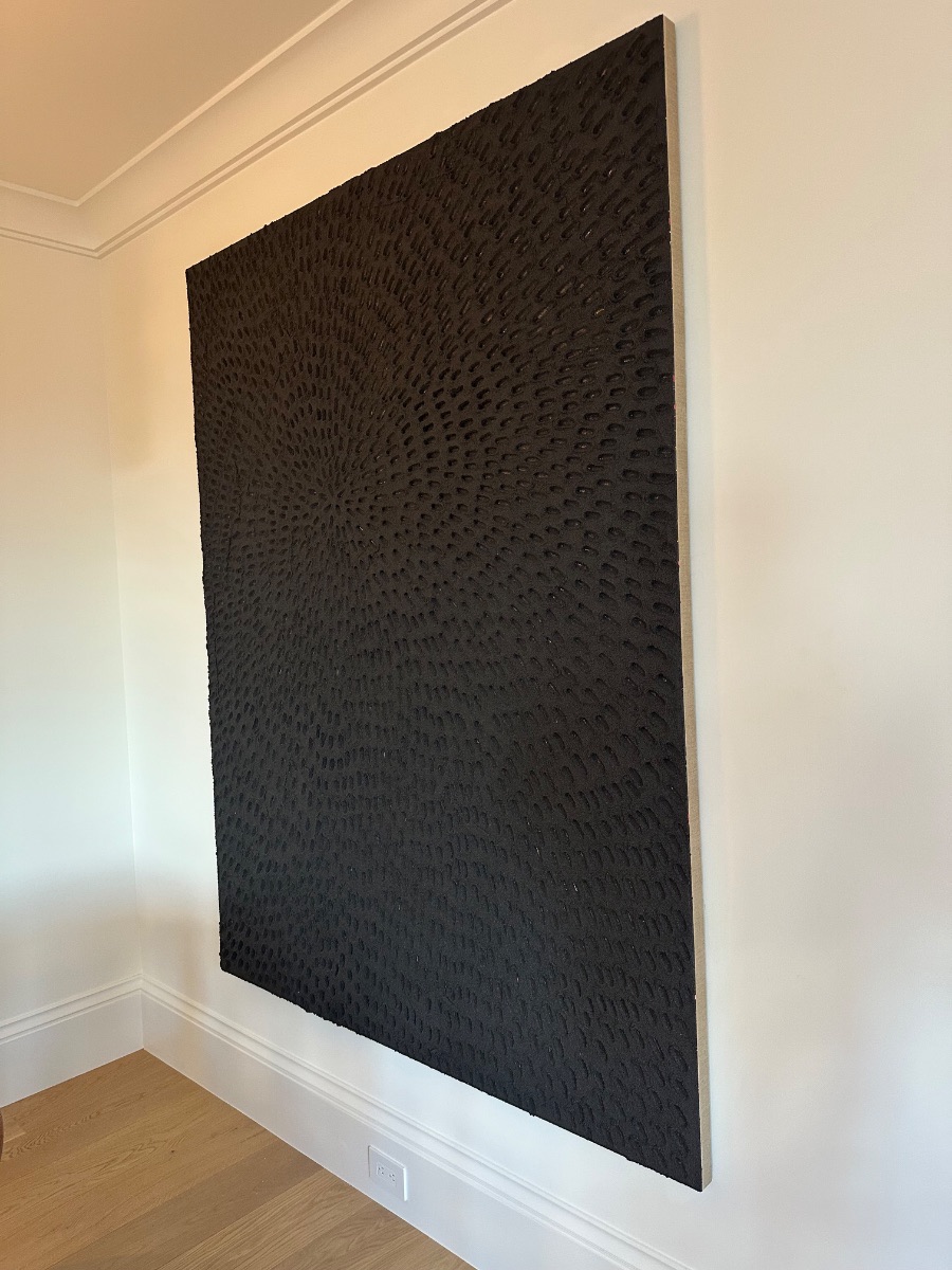 Fine art installation by Aero Luxe &mdash; A black monochrome canvas floated off the corner wall, Pacific Heights, California