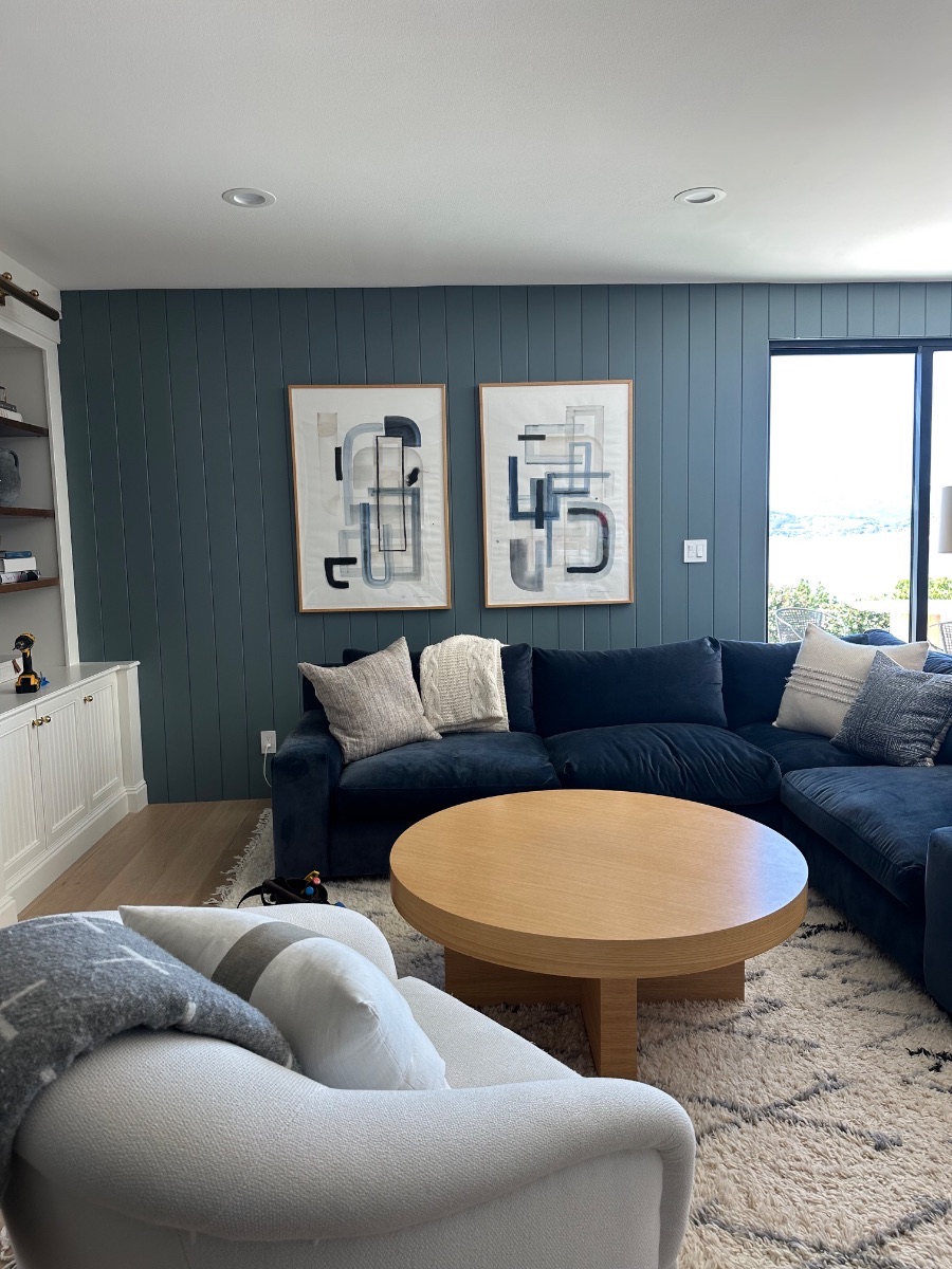 Fine art installation by Aero Luxe &mdash; A matched pair centred on vertical shiplap panelling, Tiburon, California