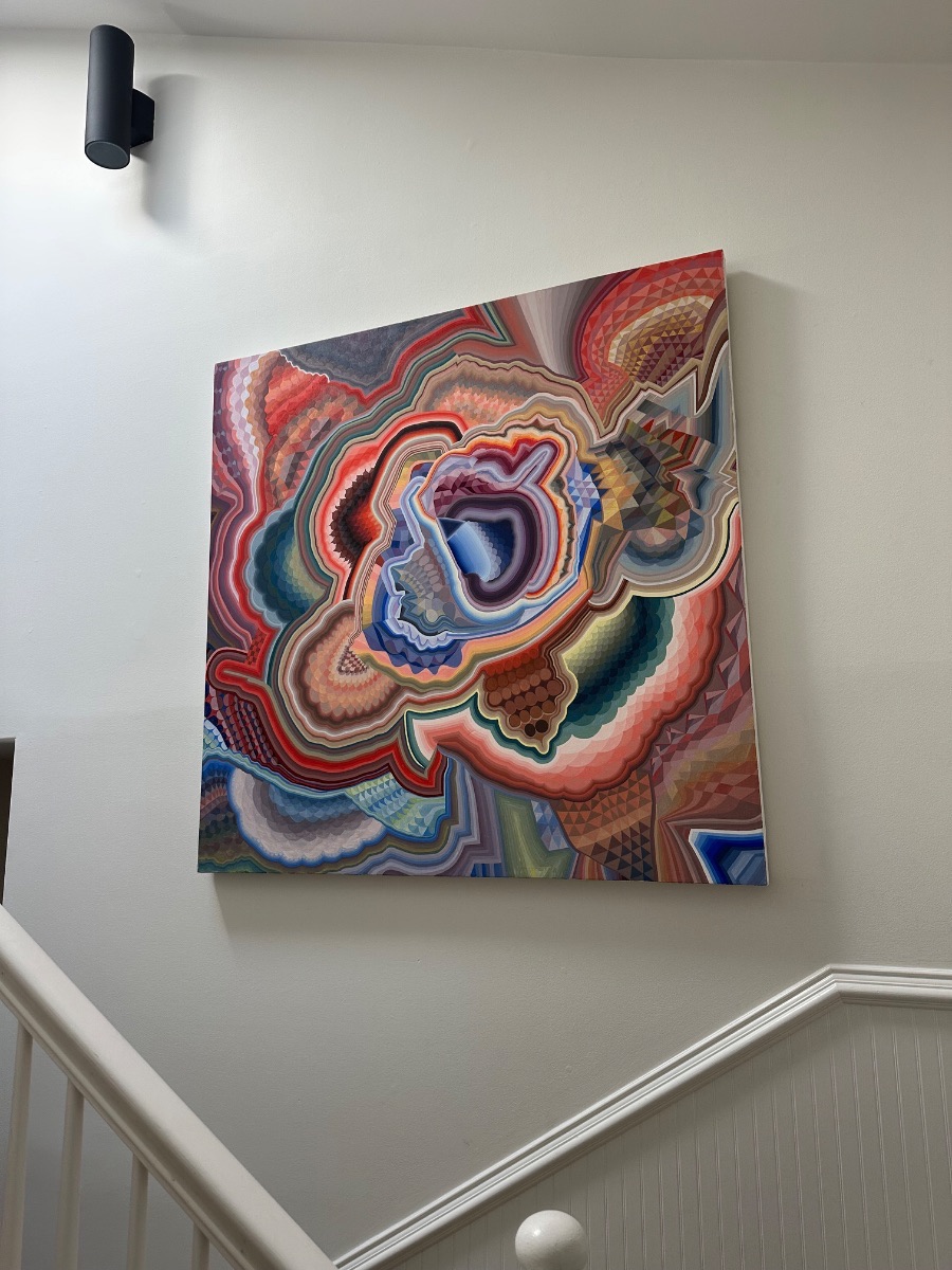 Fine art installation by Aero Luxe &mdash; A large geometric canvas placed to be read from the turn of the stair, Noe Valley, California