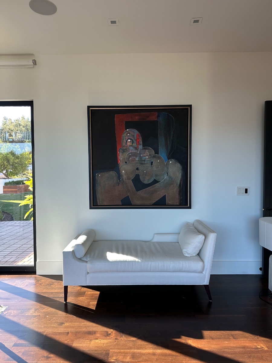 Fine art installation by Aero Luxe &mdash; A dark abstract hung against garden doors and afternoon light, Hillsborough, California