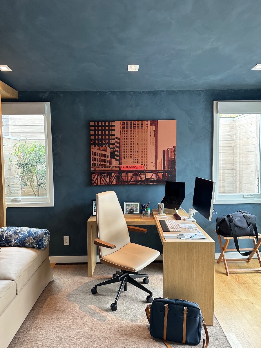Fine art installation by Aero Luxe &mdash; A photographic work on blue lime-washed plaster, Atherton, California