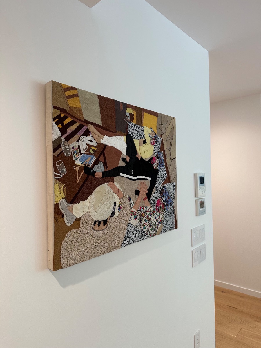 Fine art installation by Aero Luxe &mdash; An embroidered textile work mounted on a narrow return wall, Brentwood, California