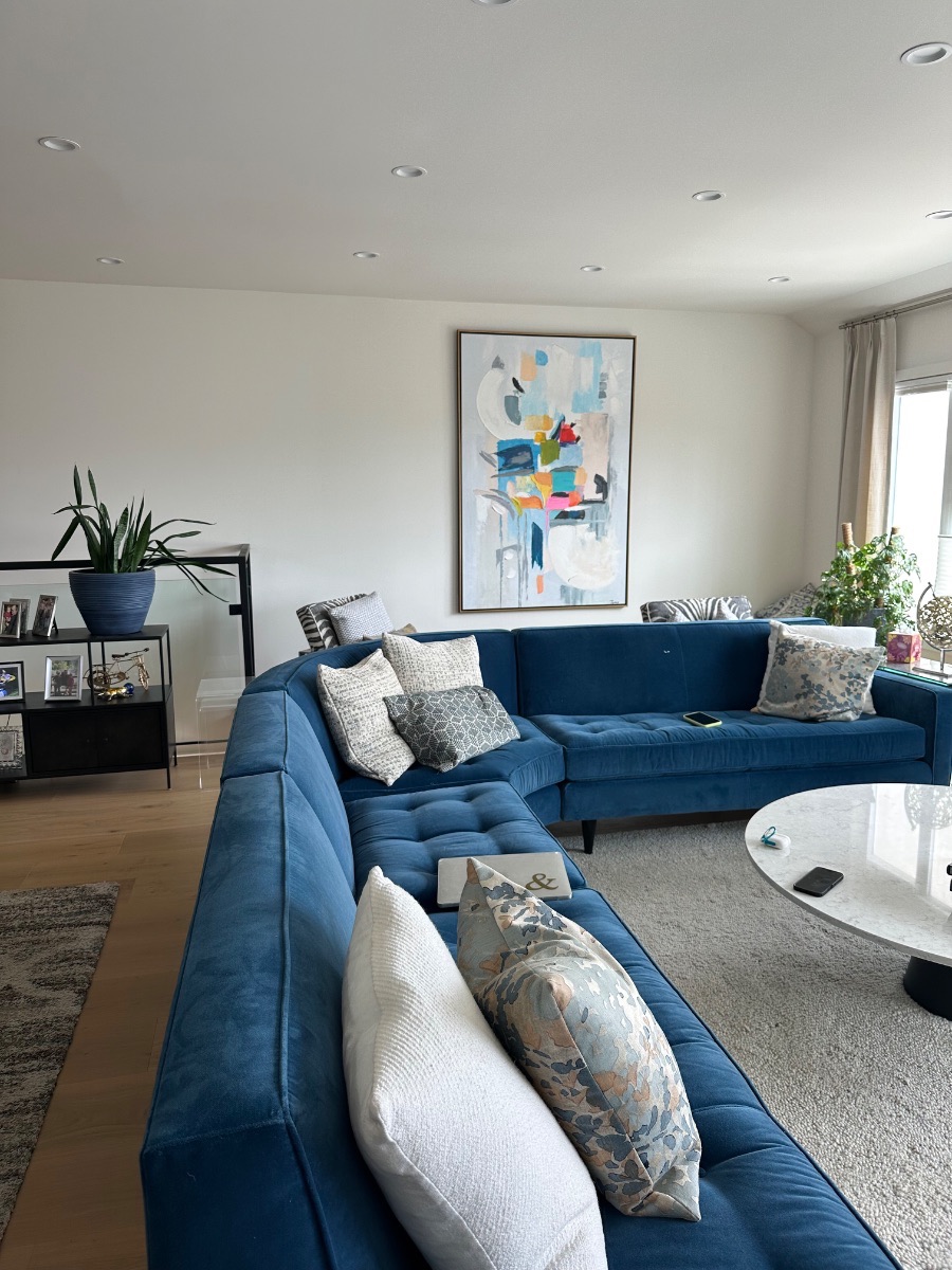 Fine art installation by Aero Luxe &mdash; An abstract centred above a velvet sectional, Marina District, California