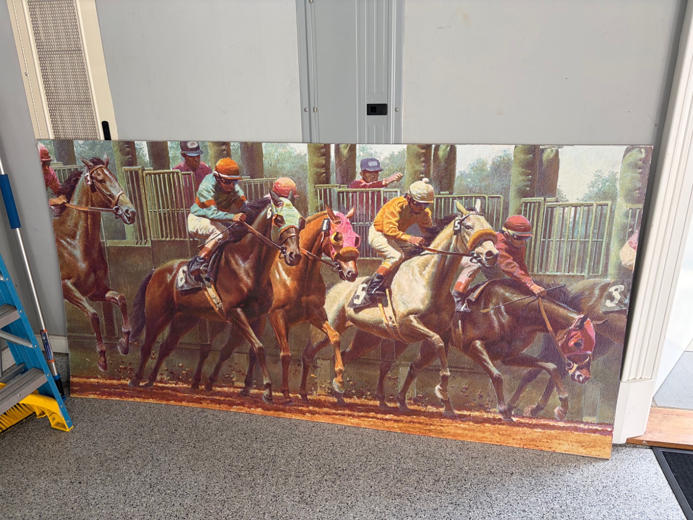 The Bay Meadows painting on masonite, nearly ten feet wide, standing on edge before transport